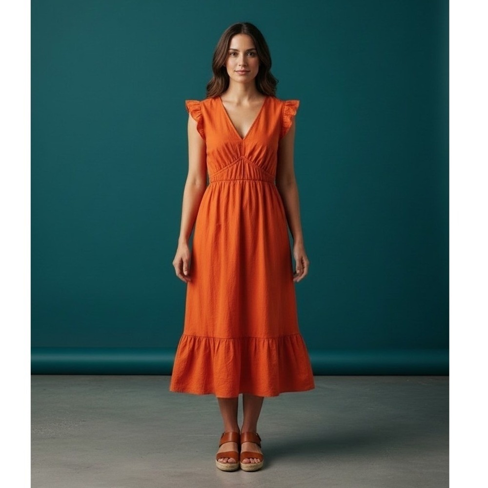 Vineyard Vines Orange Cotton Ruffle Sleeve Smocked Tiered Midi Dress Large